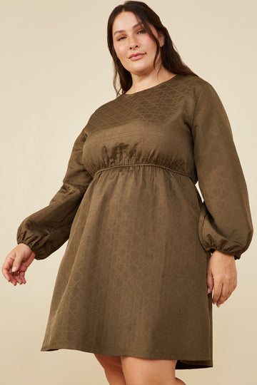 HY8372W Olive Plus Quilted Long Sleeve A Line Dress Front